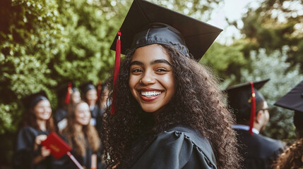 Graduate in cap and gown joyfully reaching for diploma in garden with diverse friends