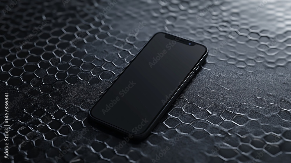 Poster black smartphone mockup on dark hexagon pattern background 3d app image model screen mobile device