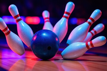 A striking close-up of a bowling ball knocking down pins, illuminated by colorful neon lights, showcasing the thrill of the game.