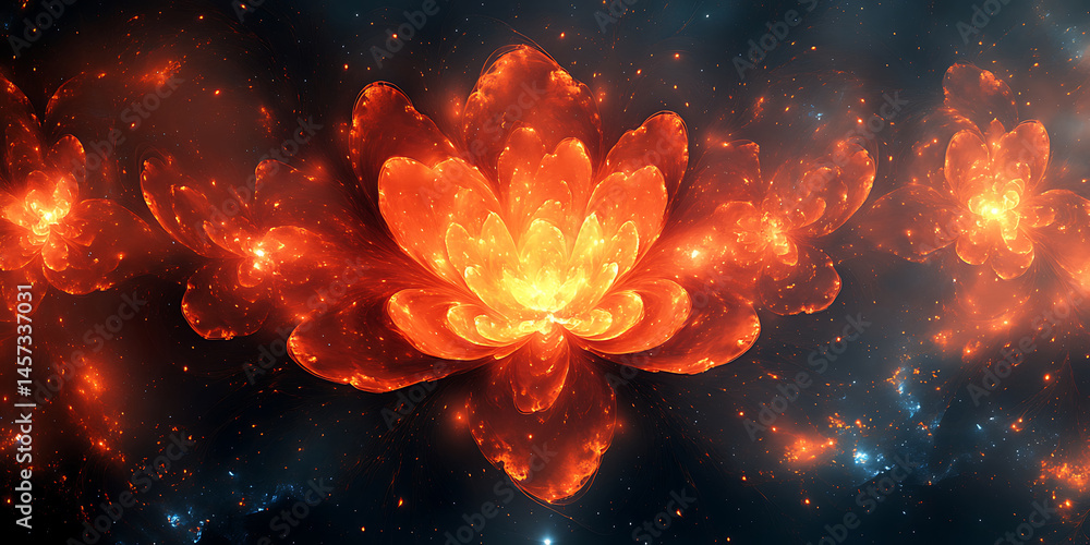 Aufkleber abstract fractal flowers glowing with light and sparkles in deep space floral design elements with o