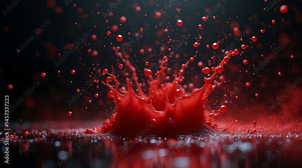 Poster bright red liquid splash drops on dark background creating dynamic abstract pattern. fluid motion de