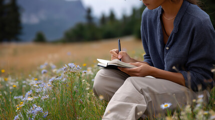 Person Journal Writing in a Meadow for Reflection and Peace