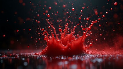 Bright red liquid splash drops on dark background creating dynamic abstract pattern. Fluid motion design element showing impact and energy for creative projects.