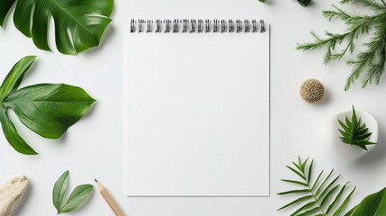 Blank Notepad Surrounded by Lush Greenery Botanical Flatlay Perfect for Planning and Note Taking