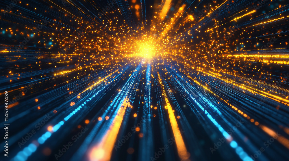 Wall mural 3d render, abstract background of yellow and blue neon lines glowing in the dark. Fireworks and bokeh lights. Data transfer concept. Digital futuristic wallpaper