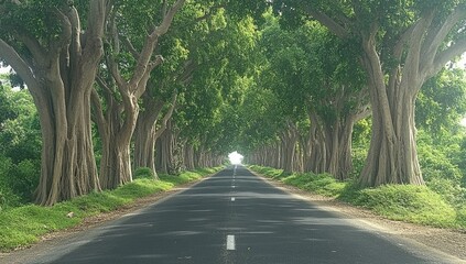 Obraz premium Sunlit road through leafy green tunnel, tropical destination, travel background