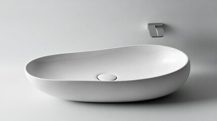 A Modern White Oval Sink Mounted Against A Light Gray Wall