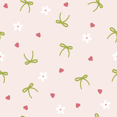 coquette bows flowers hearts seamless pattern on a light pink background. for prints, wrapping paper, wallpaper, textile, stationary, fabric