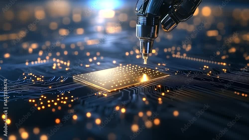 Poster close-up of robotic gripper gently placing golden wafer onto microchip etching platform, glowing las