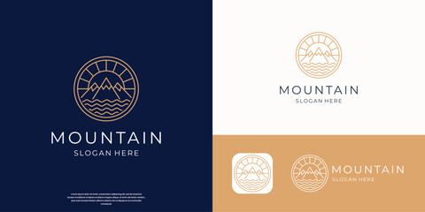 Naklejka premium minimalist line mountains logo with gold color inspiration.