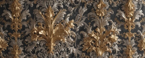 Intricate silver and gold floral wallpaper; baroque scrolls, acanthus leaves, vintage style,  aesthetic,  vintage,  rococo