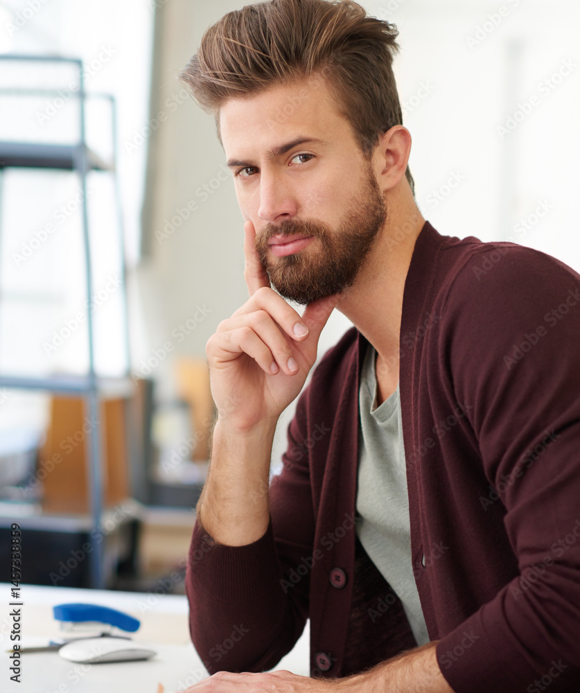 Poster portrait, serious and man in office, startup and ui designer with confidence, working and desk. proj