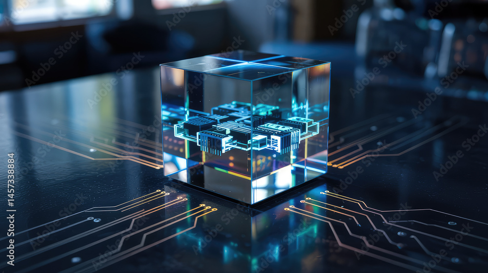 Poster digital cube of innovation: a luminous digital cube glows with futuristic designs, showcasing cuttin