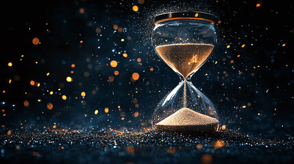 Sand exploding from the top bulb of an hourglass against a dark backdrop