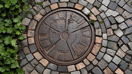Round manhole cover in cobblestone street