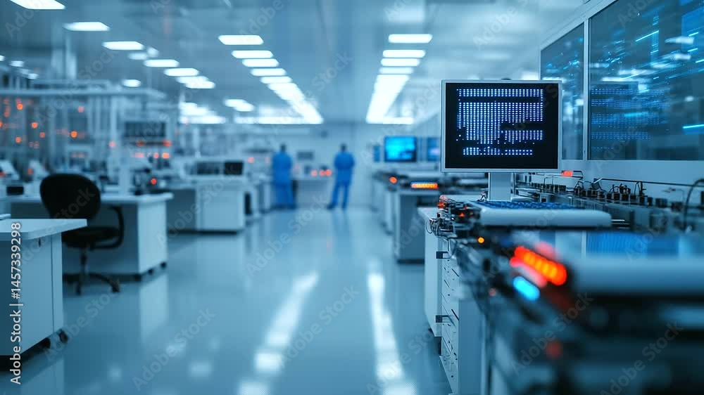 Poster panoramic view of futuristic processor lab, glimmering wafers on rotating spindles, holographic read