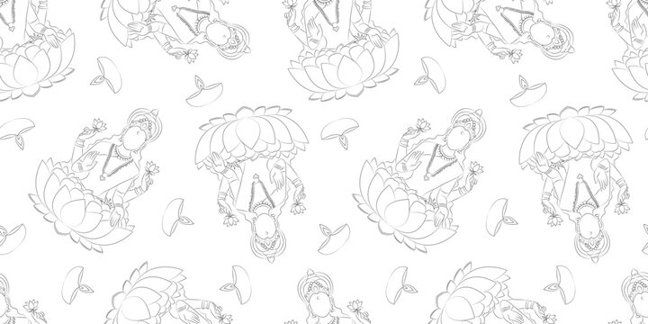 diwali outline seamless pattern with goddess lakshmi on lotus and oil lamps, hand drawn vector black and white repeat design for coloring or decor