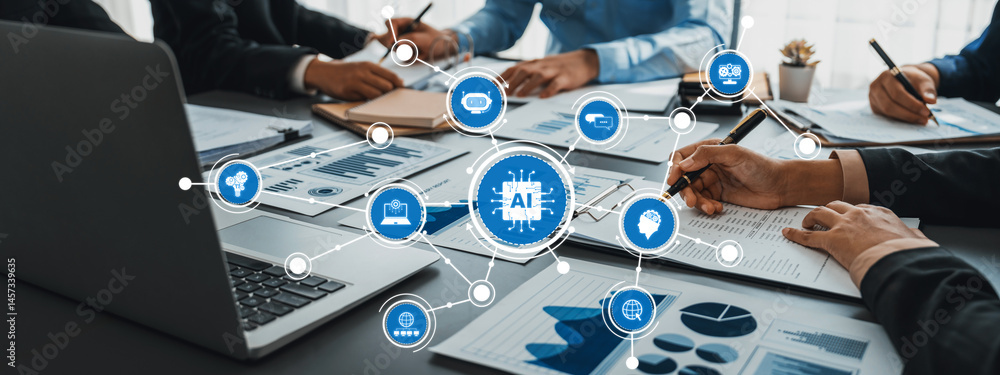 Aufkleber a dynamic business meeting showcasing collaborative teamwork with ai technology visuals, innovative 