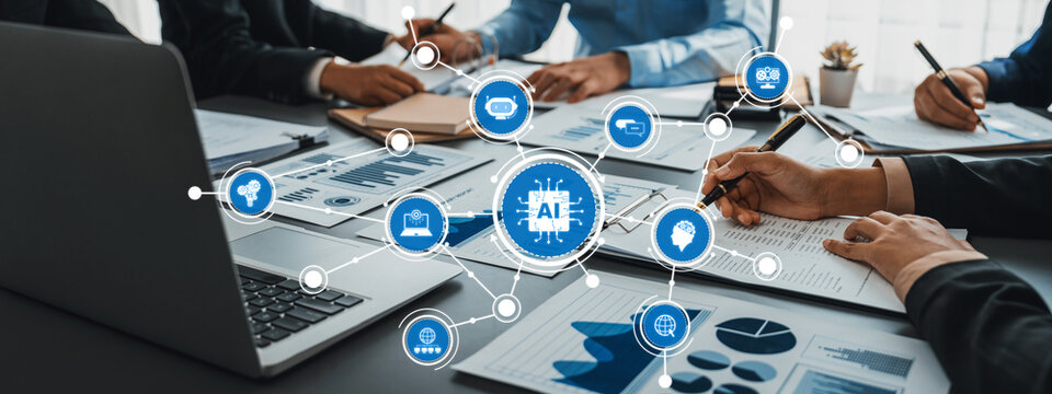 A dynamic business meeting showcasing collaborative teamwork with AI technology visuals, innovative strategies, and data analysis that drive decision-making processes. Amity