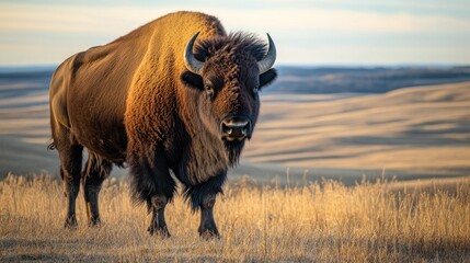 A large bison stands calmly in an open grass prairie field