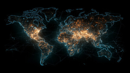 Digital world map, social link trails lighting up across continents, tech grid aesthetic