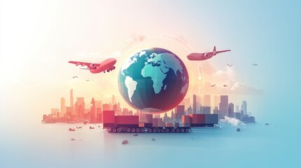 Naklejka premium Sustainable logistics illustration with a globe and carbon-neutral transportation modes, simple one-color backdrop 