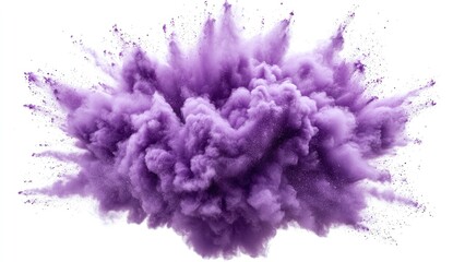Purple powder explosion, a vibrant cloud against white.  Detailed burst of color