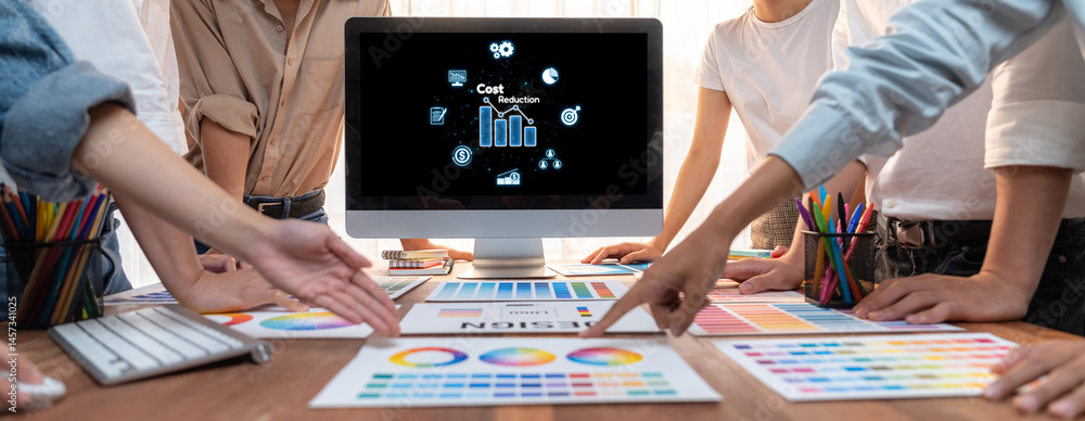 Poster Cost reduction, cost saving concept shown on computer screen brisk, corporate business efficiently save cost and company resources by reduction of unnecessary expenses