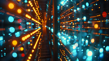 Abstract view of illuminated tunnel with blue and orange lights in a futuristic setting