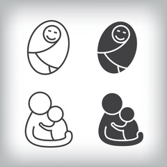 Wrapped baby and baby look hug artistic design. Simple linear and flat artistic family icon set.