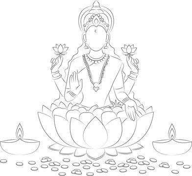 lakshmi puja line art vector illustration set - goddess sitting lotus lotuses blessing hand diyas coins diwali festival design element isolated outline drawing