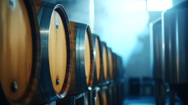 Charming brewery backroom where artisanal beer matures in stacked wooden barrels, soft haze from brewing process fills the air
