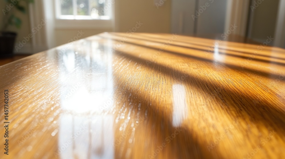 Poster the shiny wooden surface with sunbeams creating shadows from a window