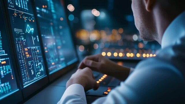 Close-up of a professional engineer operating a SCADA control system, overseeing electronic infrastructure, multiple digital displays filled with real-time data