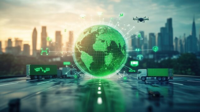 Eco-friendly world globe with green logistics symbols, surrounded by electric trucks, ships, and drones, single-color background 