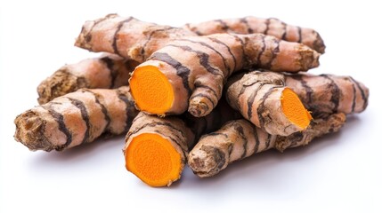Fresh turmeric root cluster.  A pile of whole and halved turmeric roots, showcasing vibrant orange flesh and dark brown stripes.  Close-up against a white background