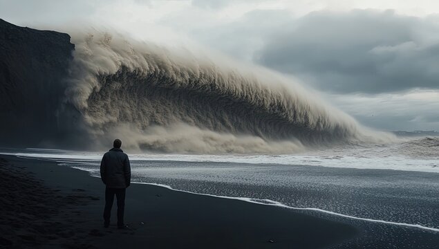 A solitary figure confronts a powerful wave on a dark beach.  Vast, stormy seas crash against imposing cliffs, creating a dramatic coastal scene