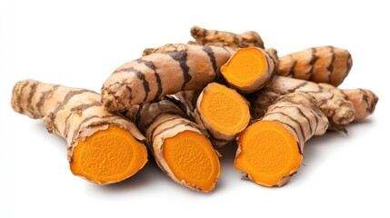 Fresh turmeric roots, sliced, showing vibrant interior