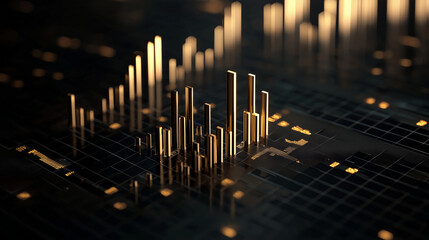 3D gold Bitcoin on candlestick chart, dark trading background, cryptocurrency analysis