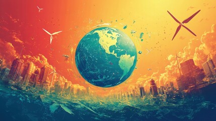 An artistic world globe encircled by renewable energy vehicles, simplified one-color background