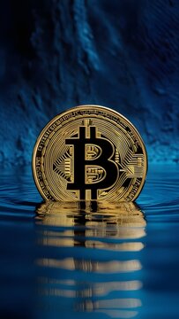 Abstract macro of golden Bitcoin partially emerging from dark blue background. Symbolizing hidden potential of cryptocurrency