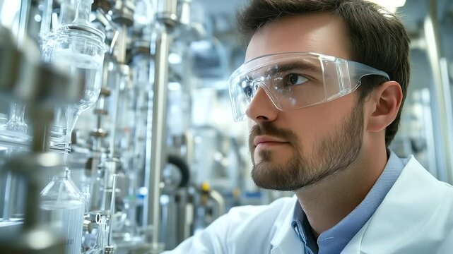 Engineer in safety glasses observes industrial systems on SCADA software interface, interpreting data to ensure efficient operation of high-tech machinery