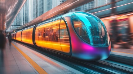 Fototapeta premium Futuristic High-Speed Train in Modern City with Motion Blur, Transportation of the Future