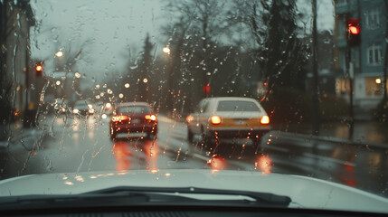 Close-up of car collision, raindrops on windshield, wet street, streetlights glowing in background