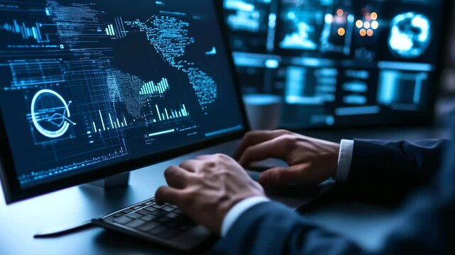 Experienced engineer uses SCADA system to assess and optimize industrial automation, reviewing detailed graphs and control charts in a high-tech environment