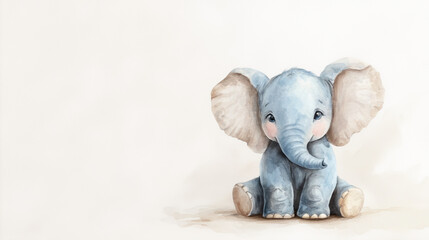 Watercolor illustration of blue elephant toy, adorable, soft hues, kids room decor