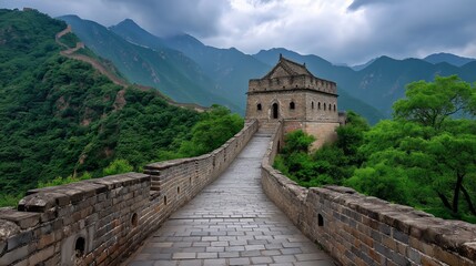 Fototapeta premium The Great Wall of China: A stunning view of the Great Wall of China stretching through a lush green valley under a cloudy sky, a reminder of its historical significance and its enduring power. 