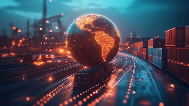 A bright globe with carbon-neutral export transport circling it, modern one-color backdrop