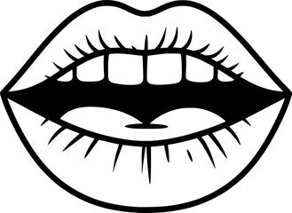 Obraz premium Lips laughing, girl lipstick vector illustration. Mouth expressions in style of hand drawn black doodle on white background. Smile emotions silhouette grunge sketch