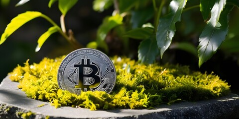 Bitcoin embedded in moss on a stone slab, surrounded by green nature. Represents organic adoption of digital finance2